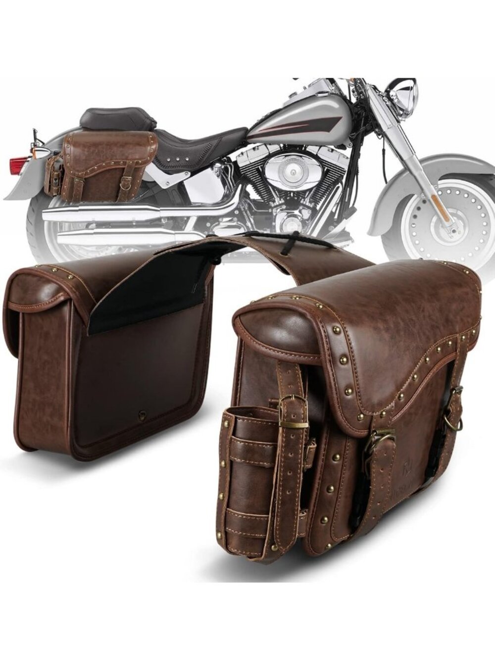 Stylish PU Leather Motorcycle Saddle Bags with Cup Holder & Reinforced Straps